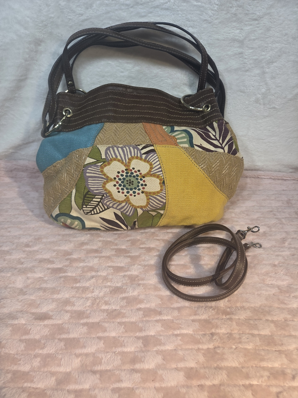 Relic Multi-Color Floral Patchwork Shoulder Bag with Brown Trim